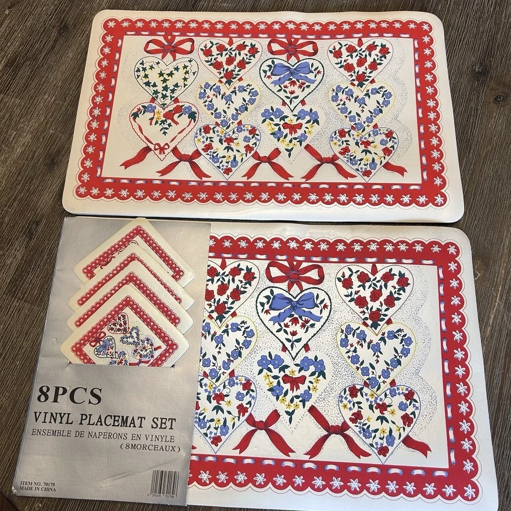 Vintage 4 vinyl Heart‎ placemats 4 Coasters NOS Set